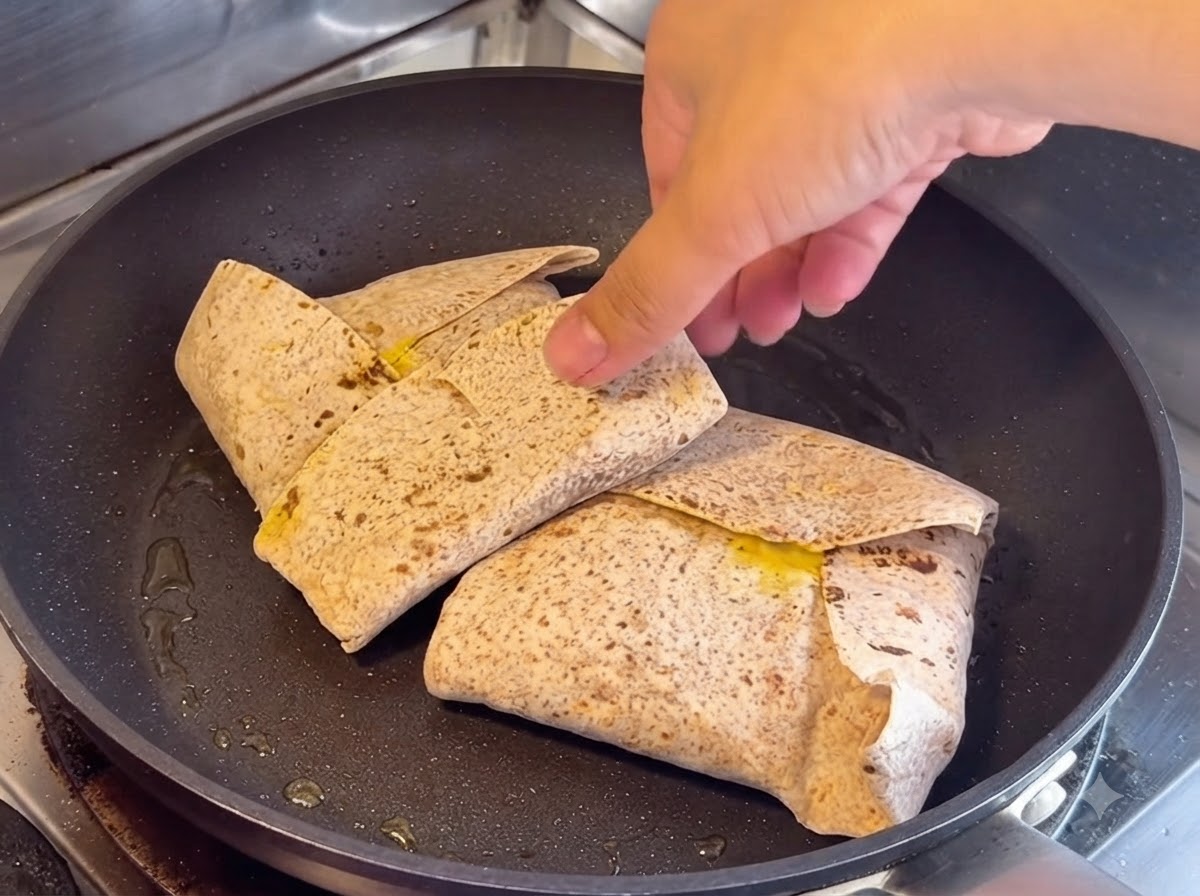 Due piadine integrali piegate in una padella nera asciutta con una mano che preme leggermente verso il basso.