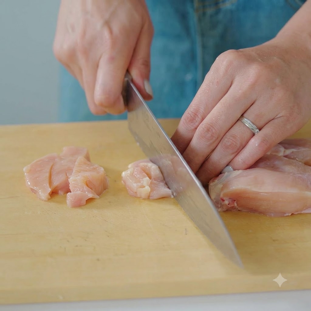 Petto di pollo tagliato a piccoli pezzi su un tagliere di legno con un coltello affilato.