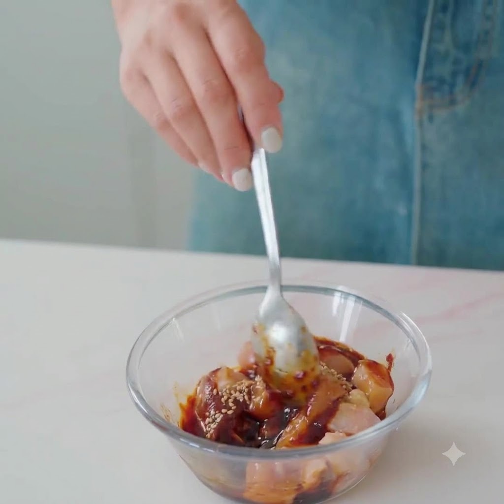 Un cucchiaio che mescola il pollo e gli ingredienti della marinata insieme in una ciotola di vetro.