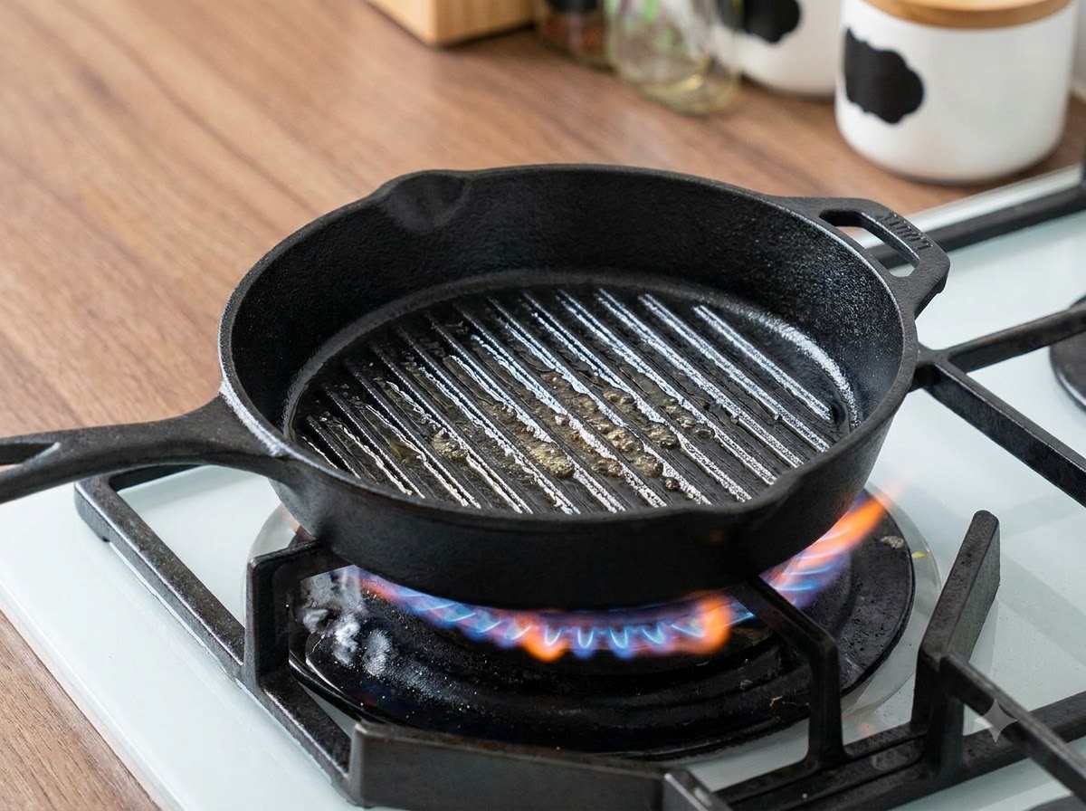 Una padella da grill nera unta e calda posta sopra una fiamma a gas blu sul piano cottura.