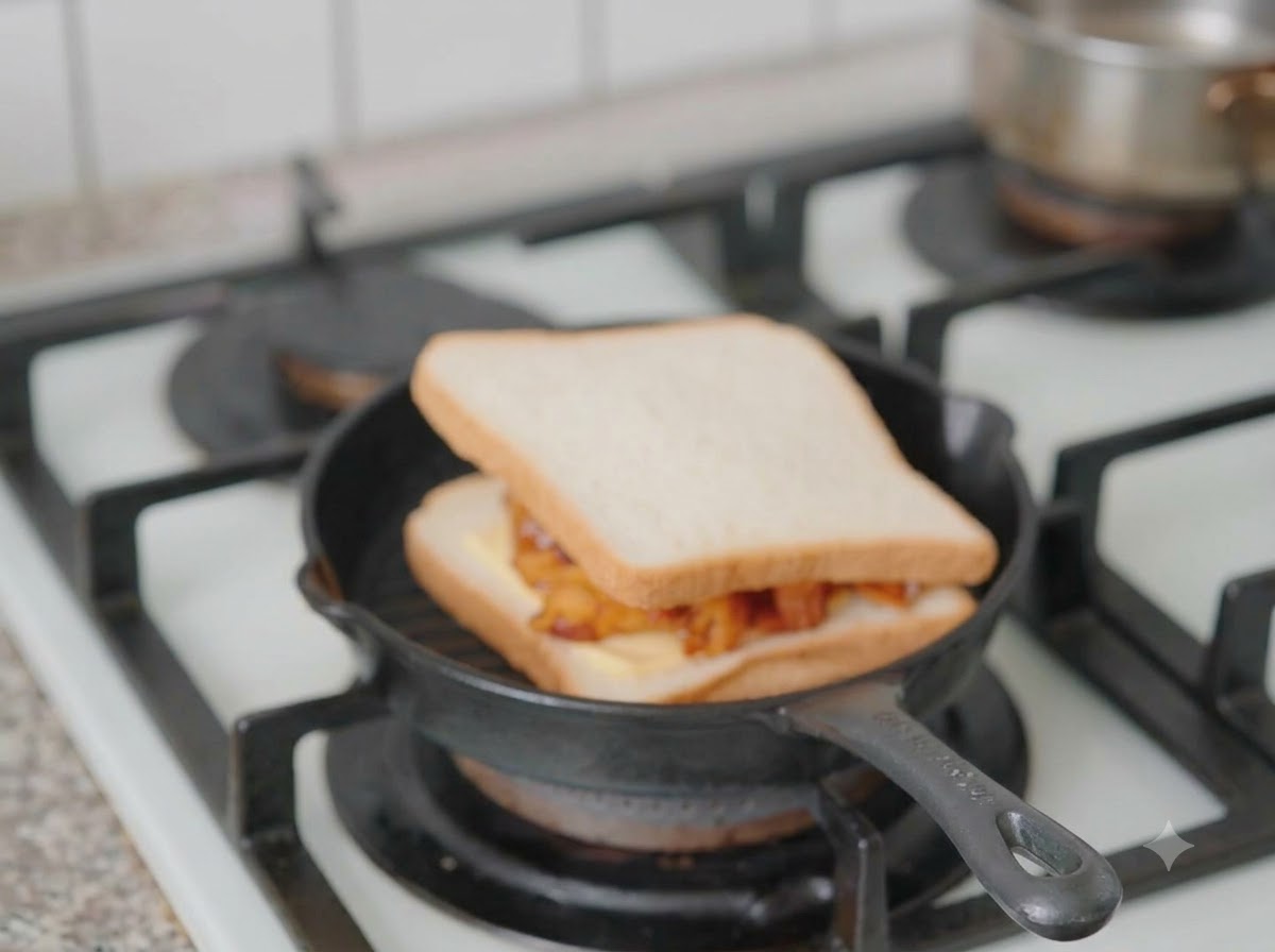 Un panino completamente assemblato nella padella da grill con un coperchio pesante premuto sopra.