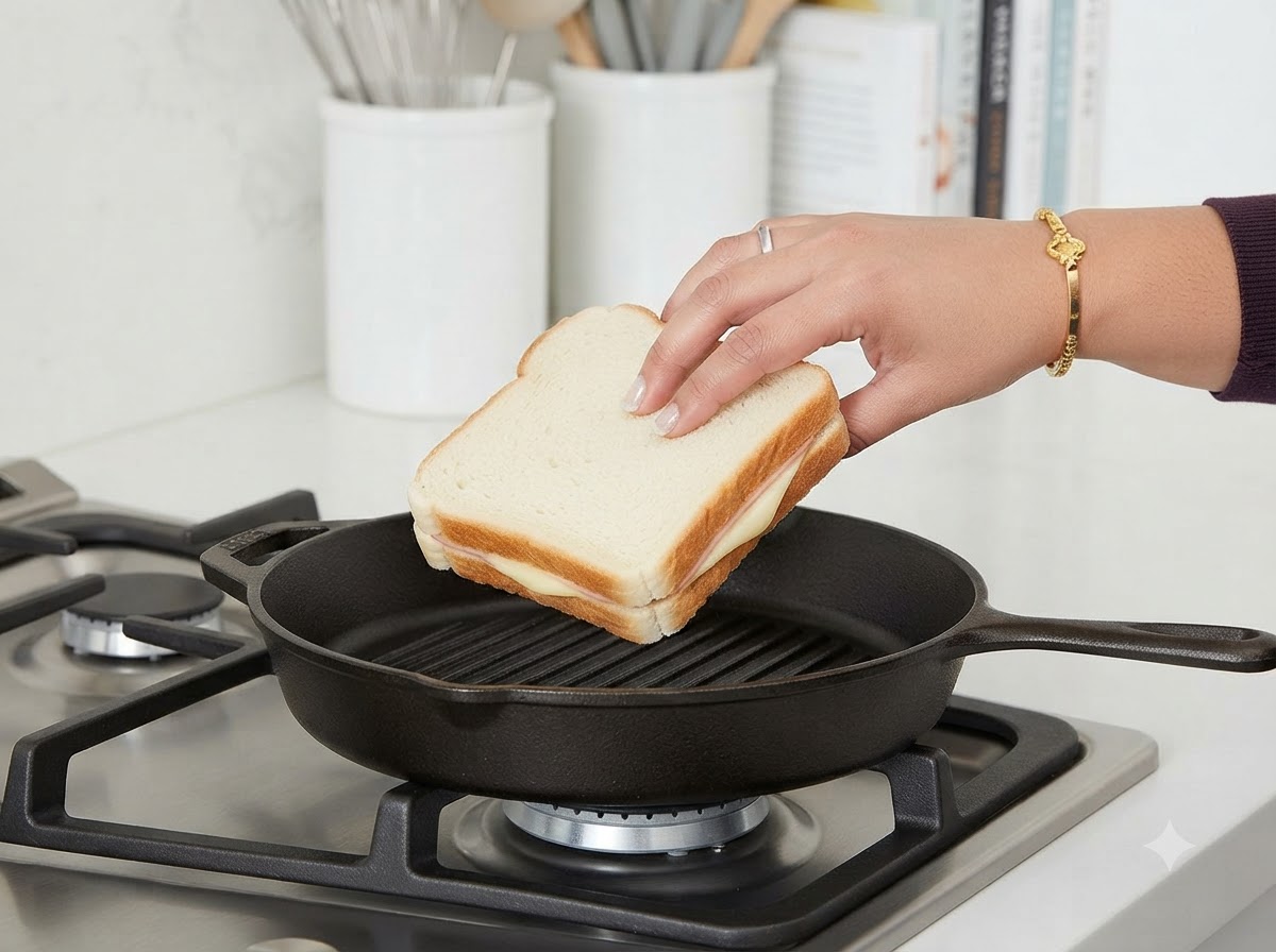 Una mano che gira il panino allinterno della padella da grill calda.