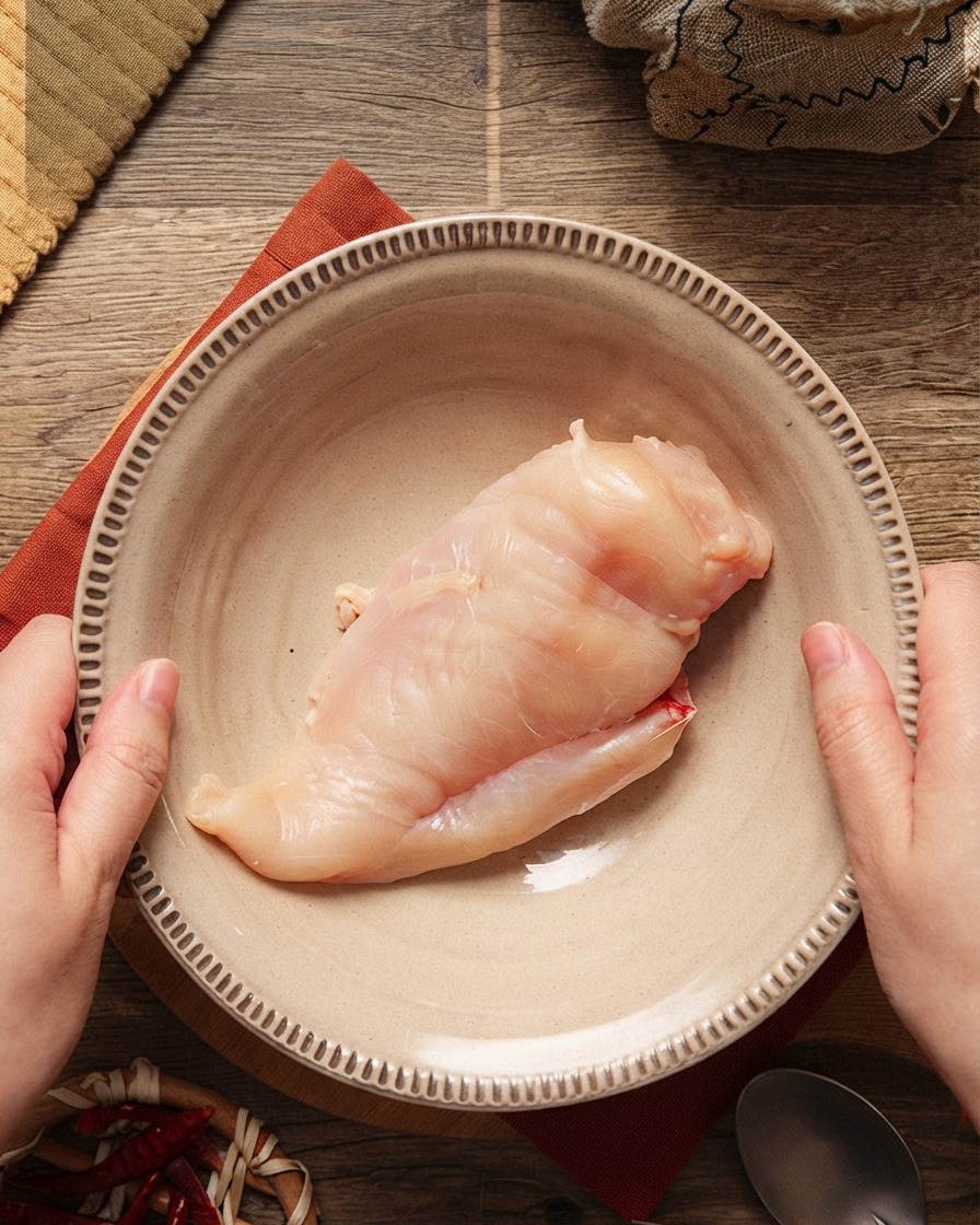 Pezzi di petto di pollo in una ciotola con vari condimenti in fase di aggiunta.
