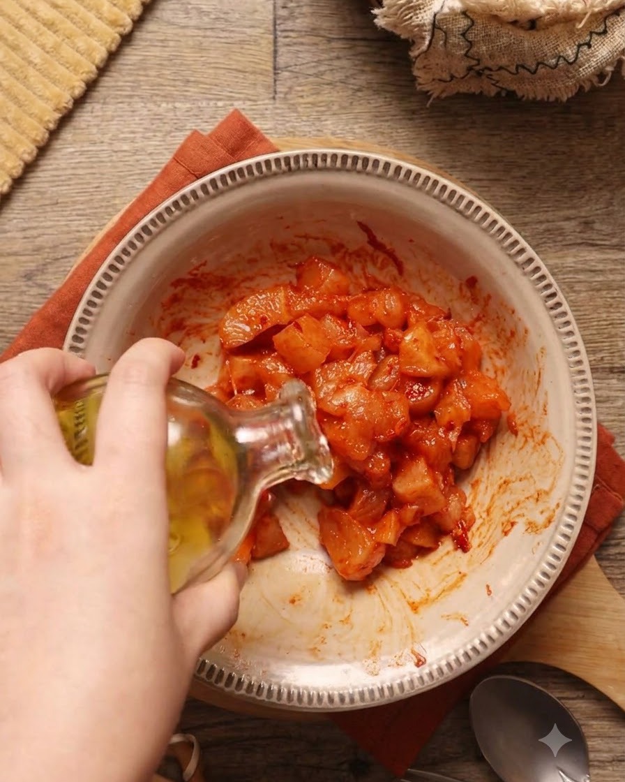 Olio doliva versato in una ciotola di pollo marinato.