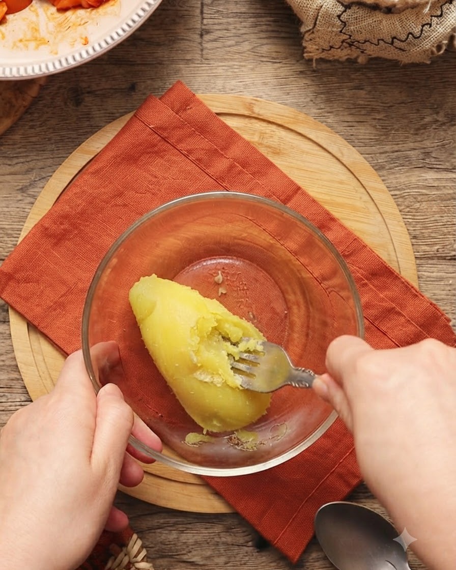 Una patata lessa schiacciata in una ciotola con laiuto di una forchetta.