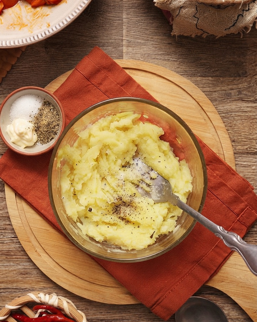 Pepe nero macinato e sale aggiunti al purè di patate.