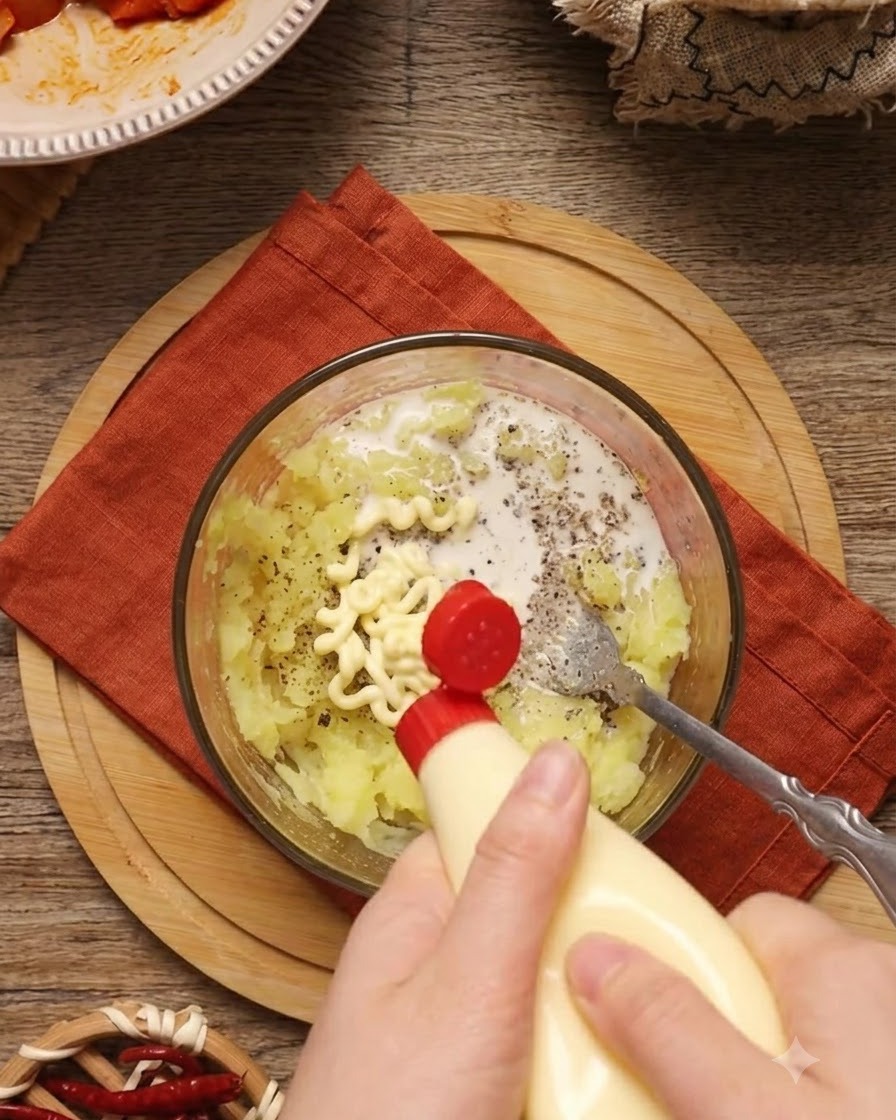 Maionese e latte aggiunti in una ciotola di purè di patate.