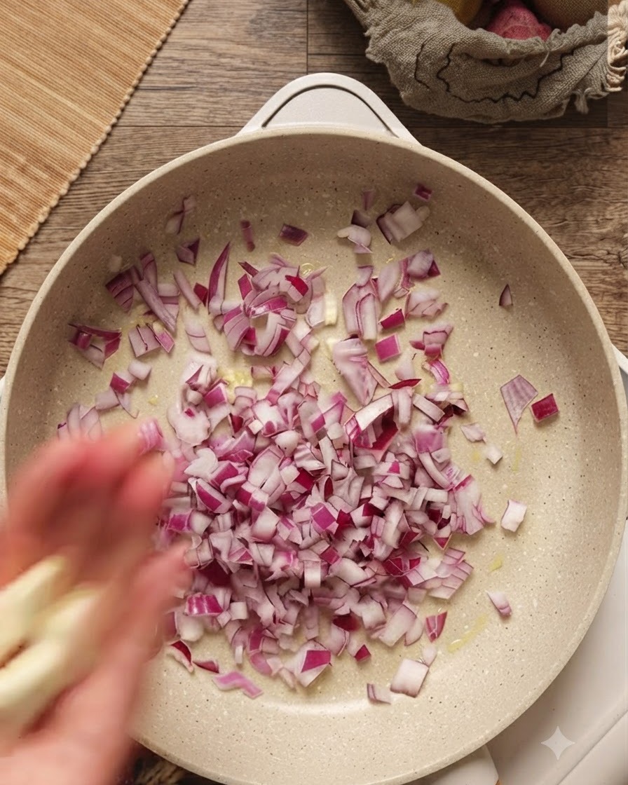 Cipolle tritate e aglio sminuzzato in cottura in una padella unta.