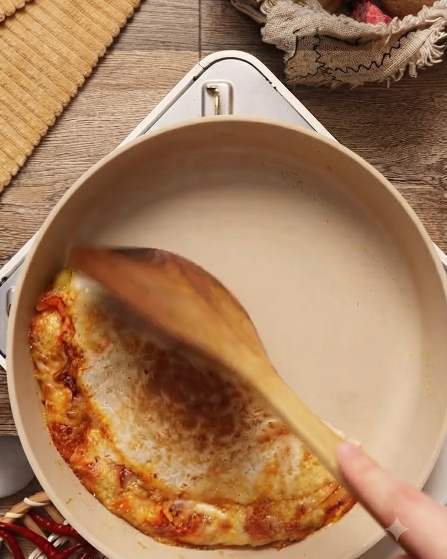 Kimchi e pollo marinato in cottura e mescolati in padella con una spatola di legno.