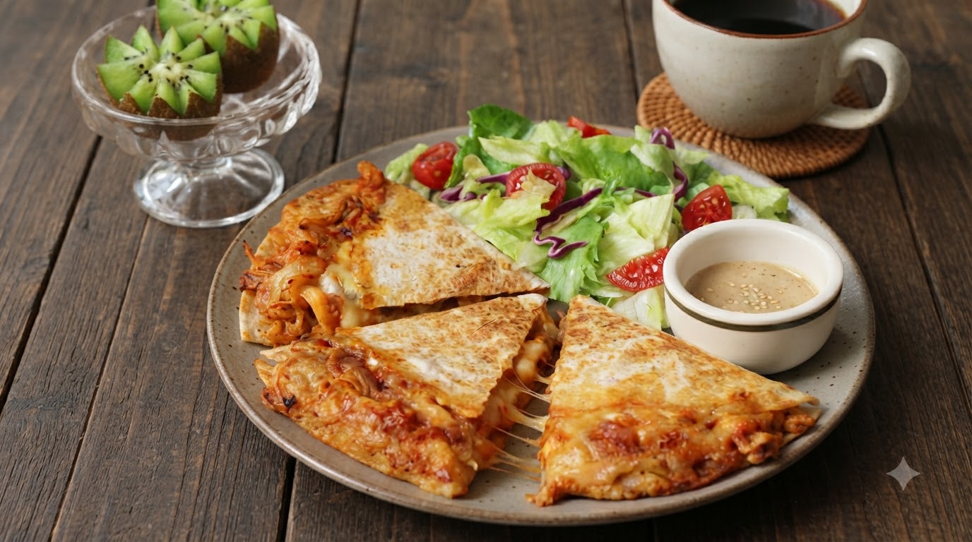 Una quesadilla di pollo e kimchi filante e dorata tagliata a triangoli, servita con uninsalata fresca e una tazza di caffè.