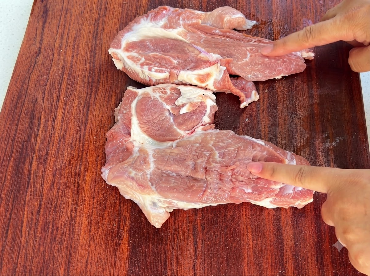 Fette di carne di spalla di maiale battute con il dorso di un coltello su un tagliere di legno.