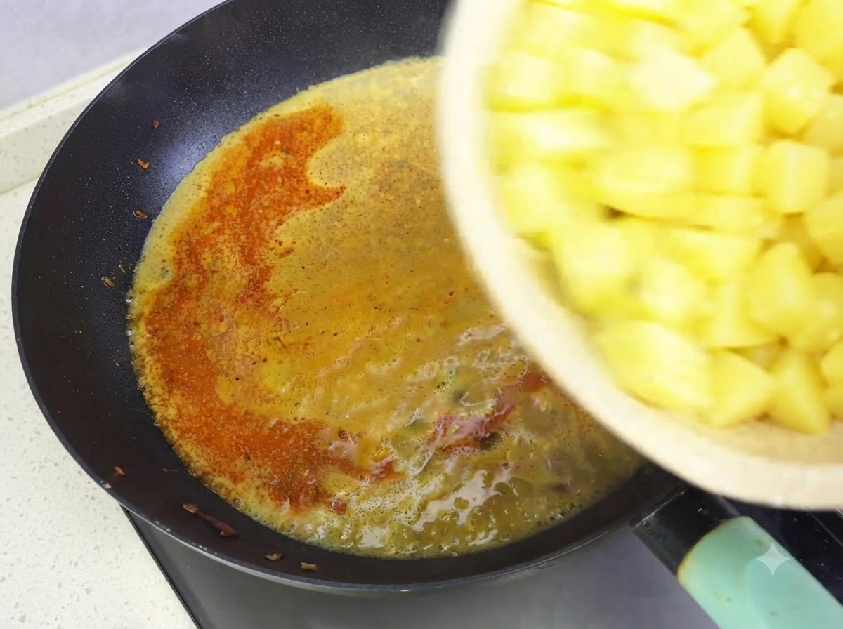Una mano che versa una ciotola di patate gialle a dadini in una padella scura con salsa di curry in ebollizione.
