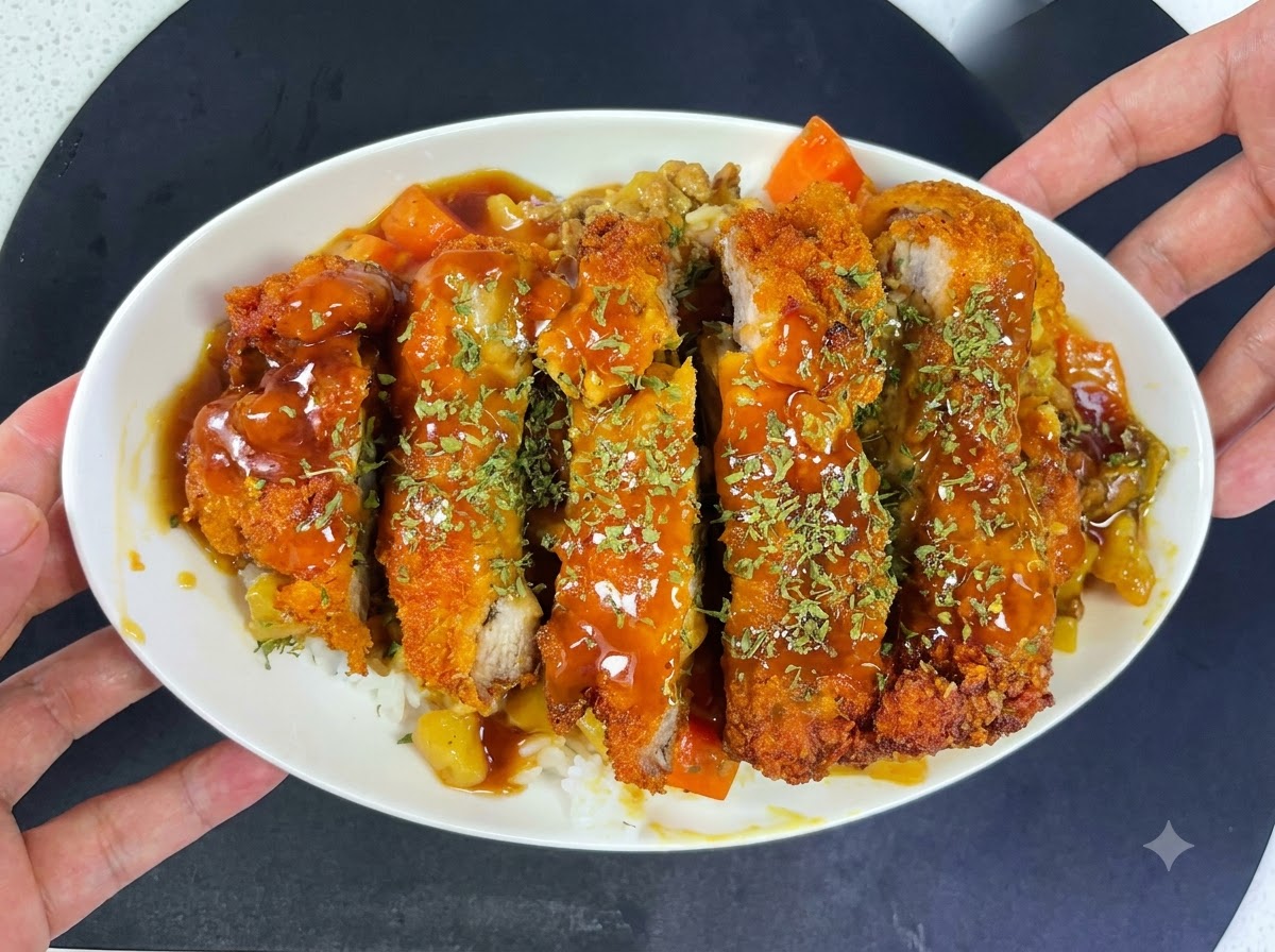 Una cotoletta di maiale impanata che frigge in olio caldo fino a doratura e croccantezza.