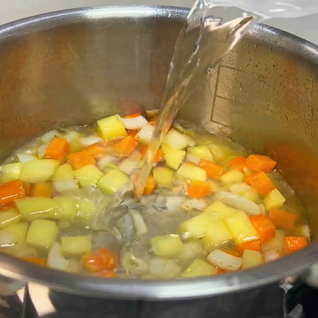 Cubetti di curry e liquido versati in una pentola di verdure tagliate come patate e carote.