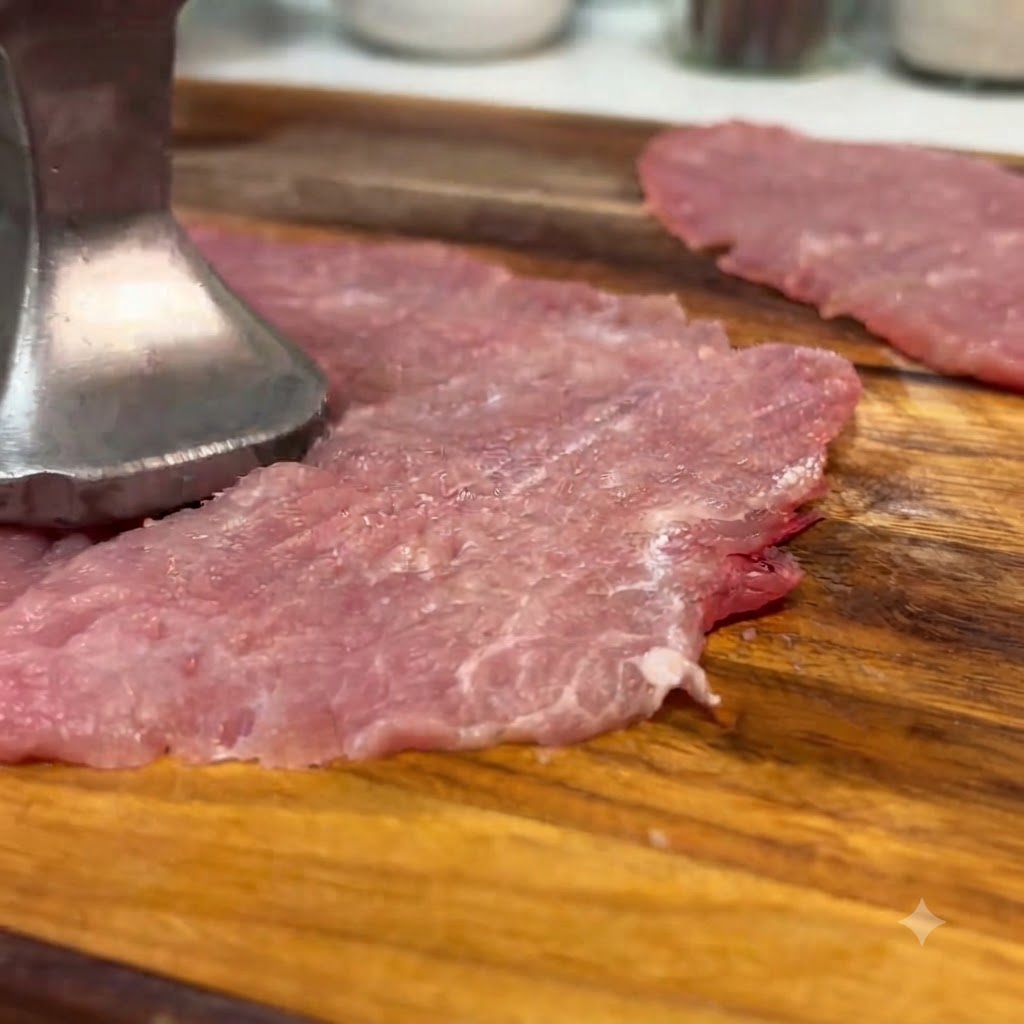 Un batticarne di metallo che appiattisce una fetta di lonza di maiale cruda su un tagliere di legno.
