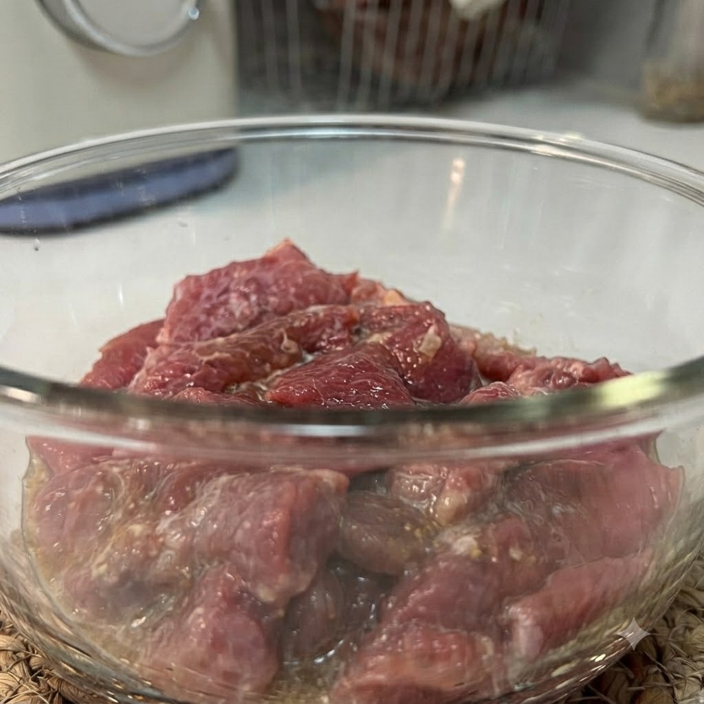 Pezzi di maiale crudo marinati e lucidi in una ciotola di vetro trasparente.