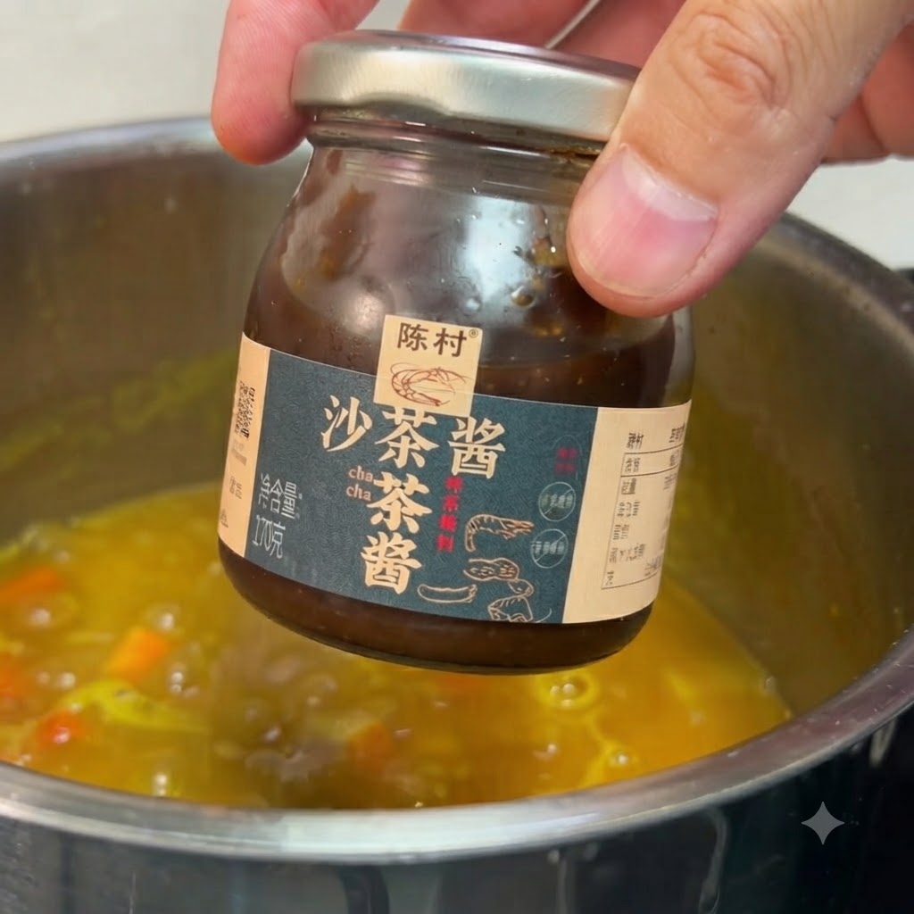 Una mano che tiene un piccolo barattolo di salsa satay sopra una pentola di curry giallo brillante in ebollizione.