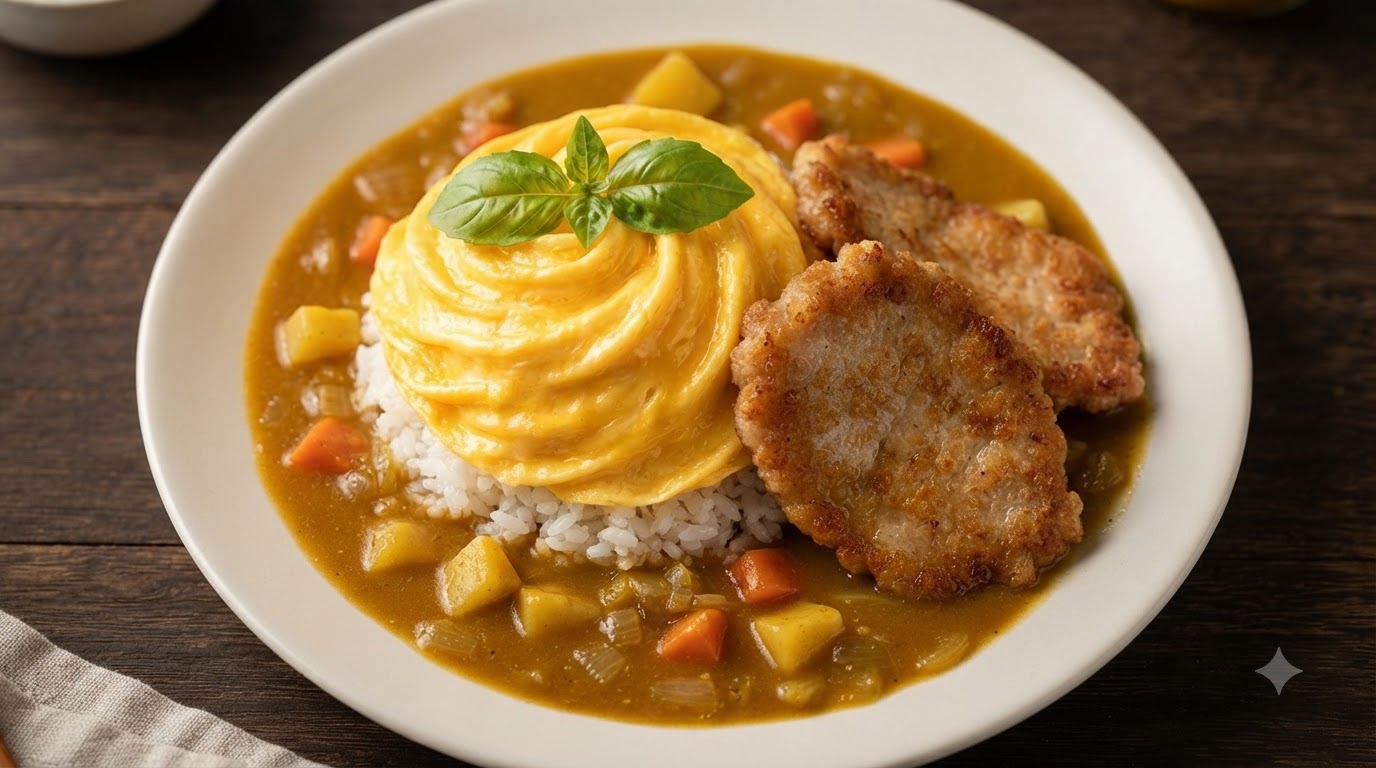 Riso con Cotoletta di Maiale alla Giapponese in Salsa al Curry e Omelette a Vortice