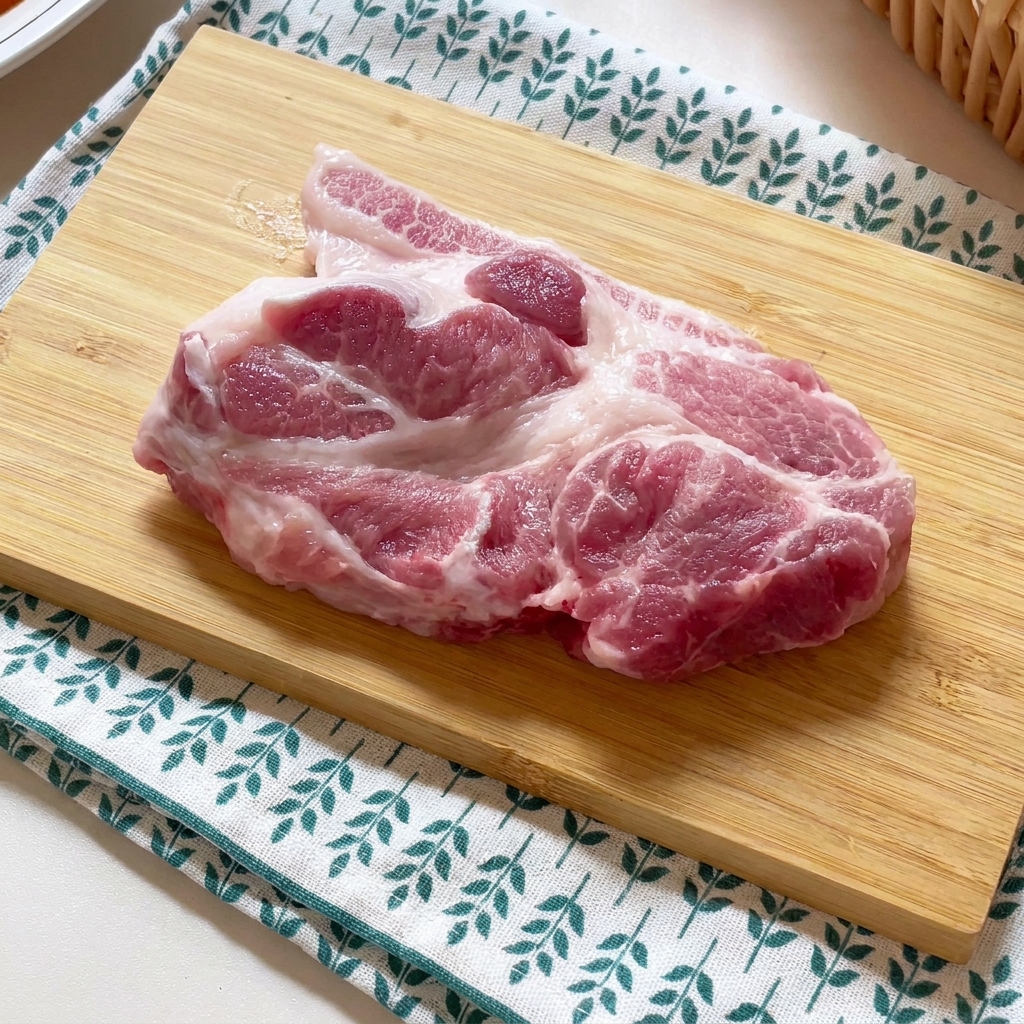 Una cotoletta di maiale cruda pestata con un batticarne su un tagliere di legno.