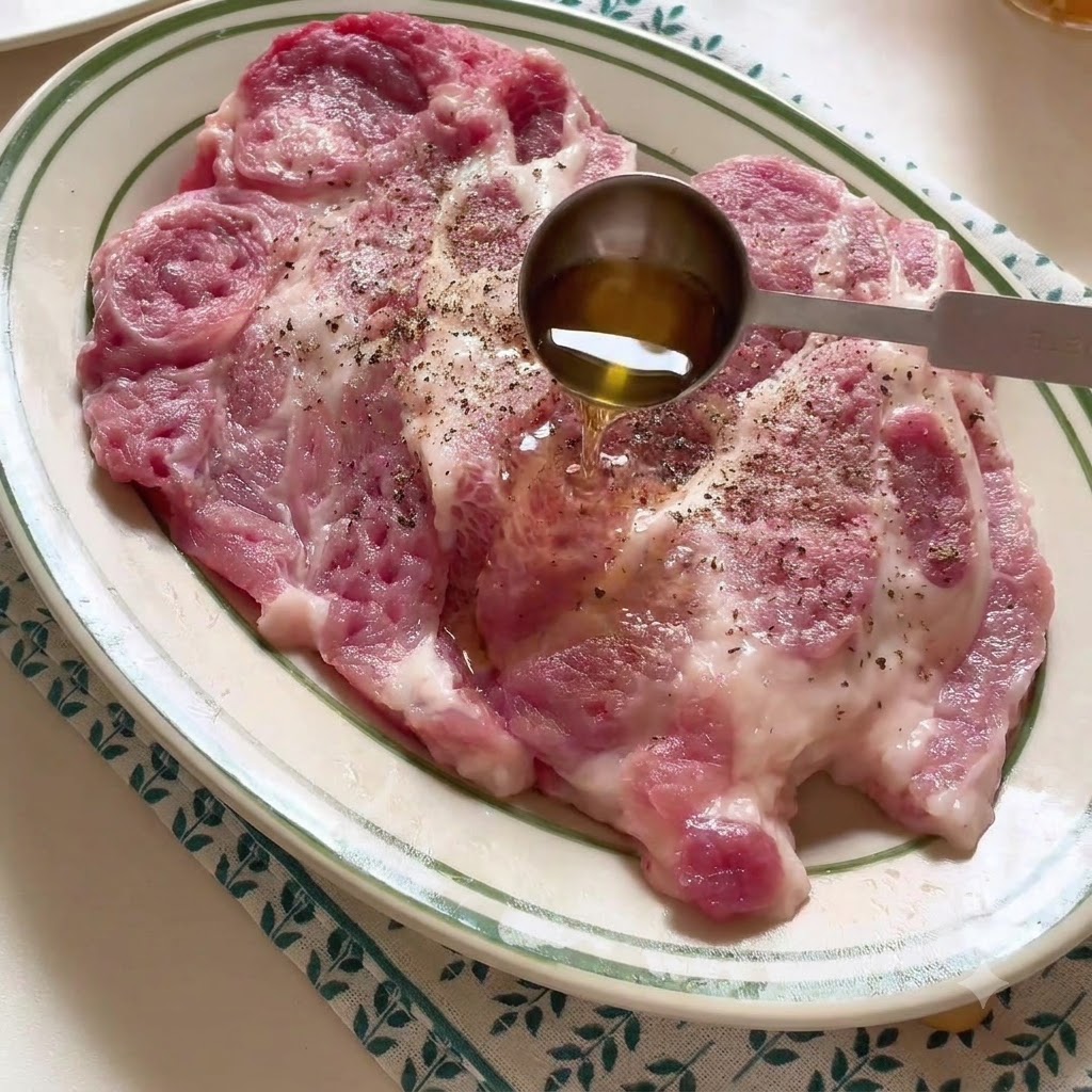 Cotoletta di maiale su un piatto condita con vino da cucina e spezie.