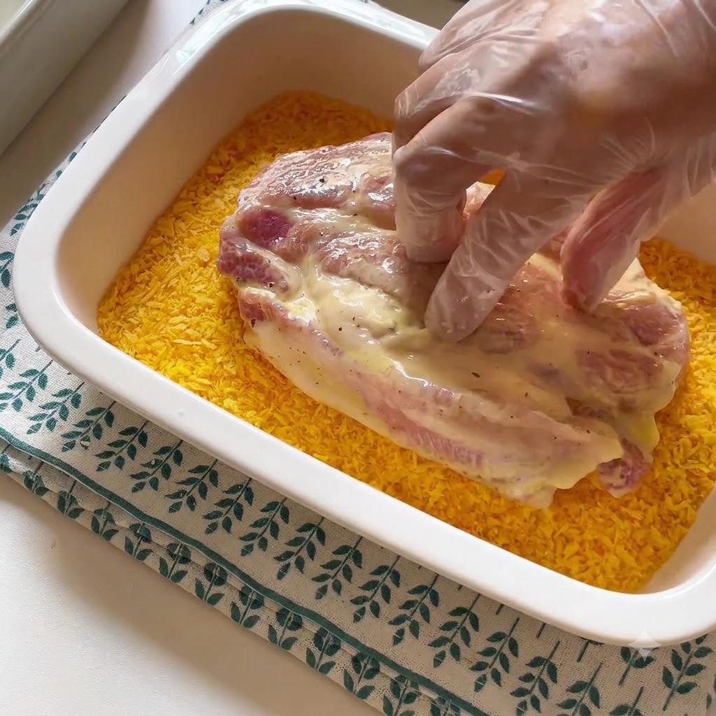 Una cotoletta di maiale premuta in un vassoio di pangrattato giallo con i guanti.