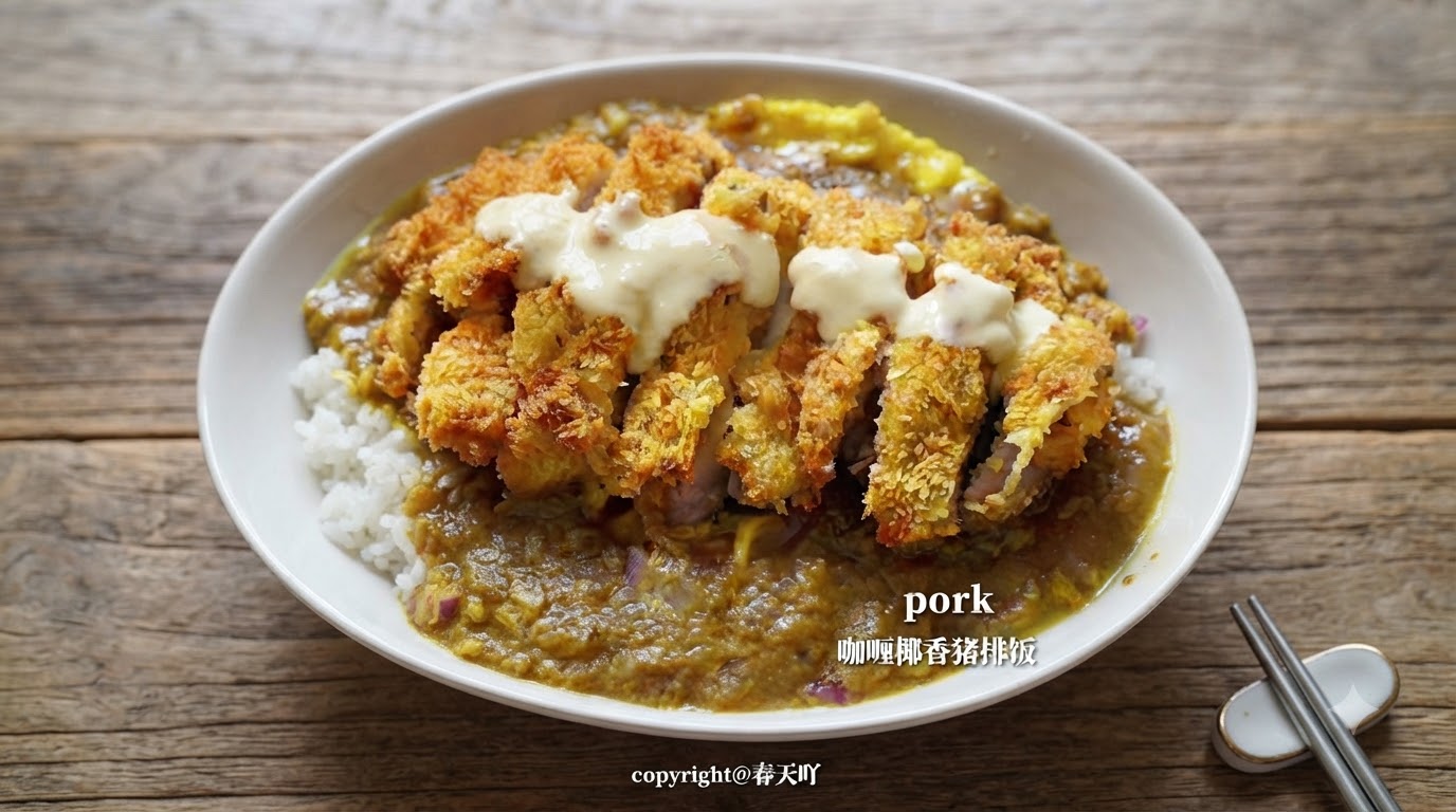 Un primo piano di riso con cotoletta di maiale al curry di cocco con cotolette di maiale croccanti dorate guarnite con salsa cremosa di formaggio al cocco.