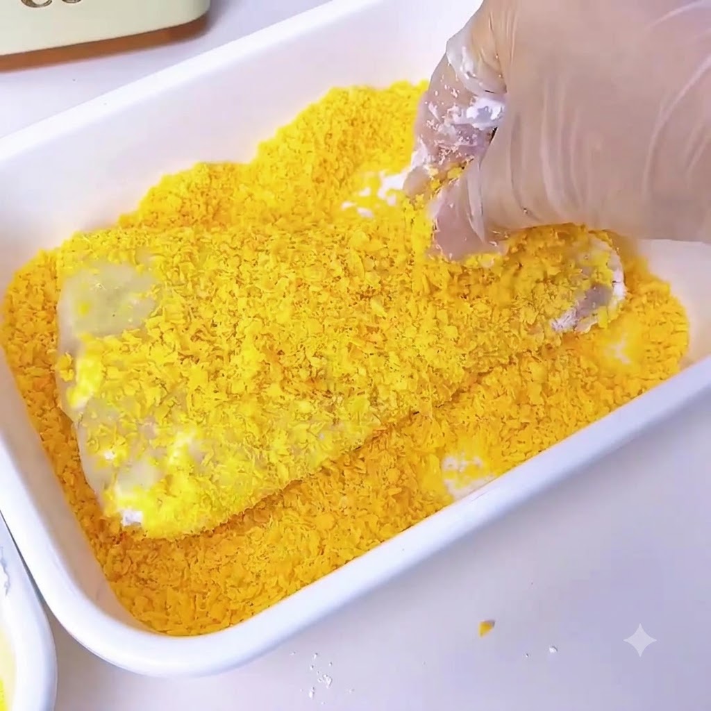 Una mano guantata che preme una cotoletta coperta duovo in un contenitore pieno di pangrattato panko giallo e croccante.