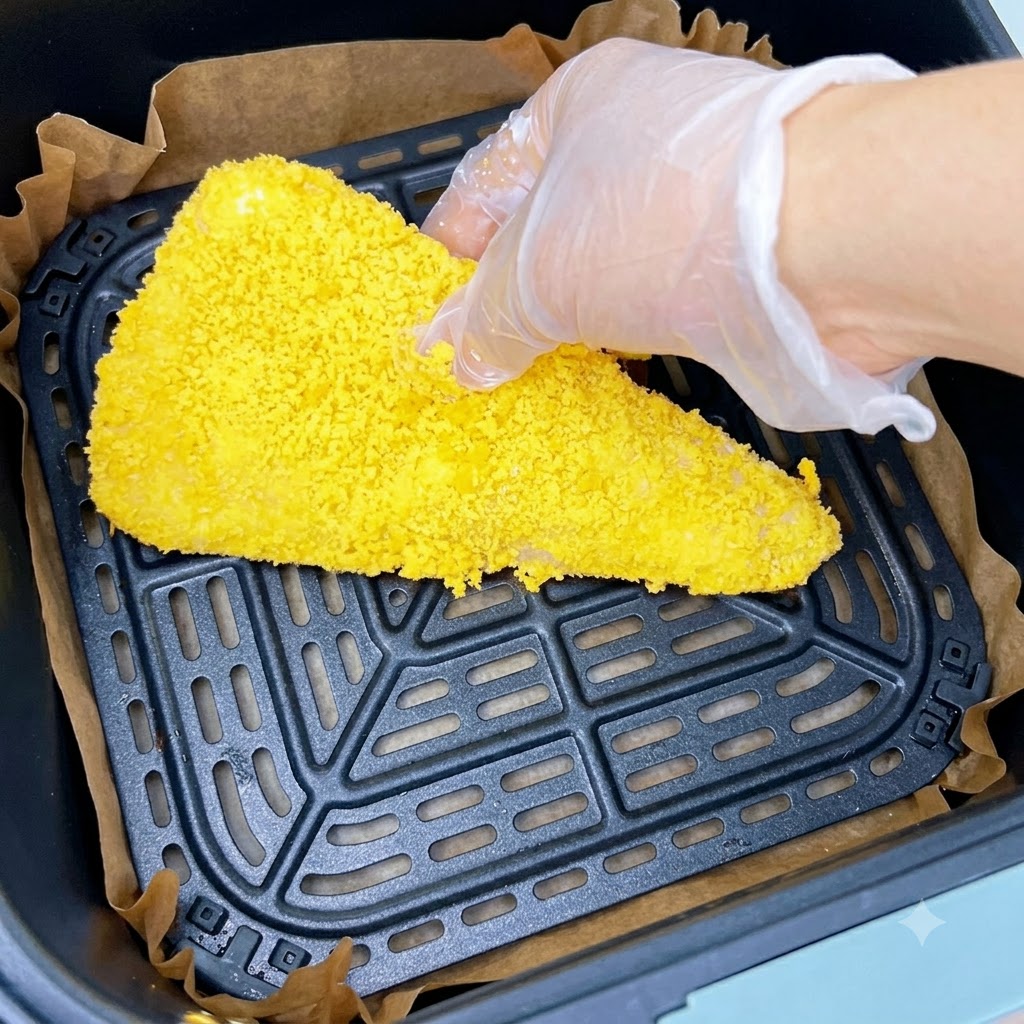 Una cotoletta di gamberi impanata e dorata posizionata allinterno del cestello di una friggitrice ad aria foderato con carta da forno.
