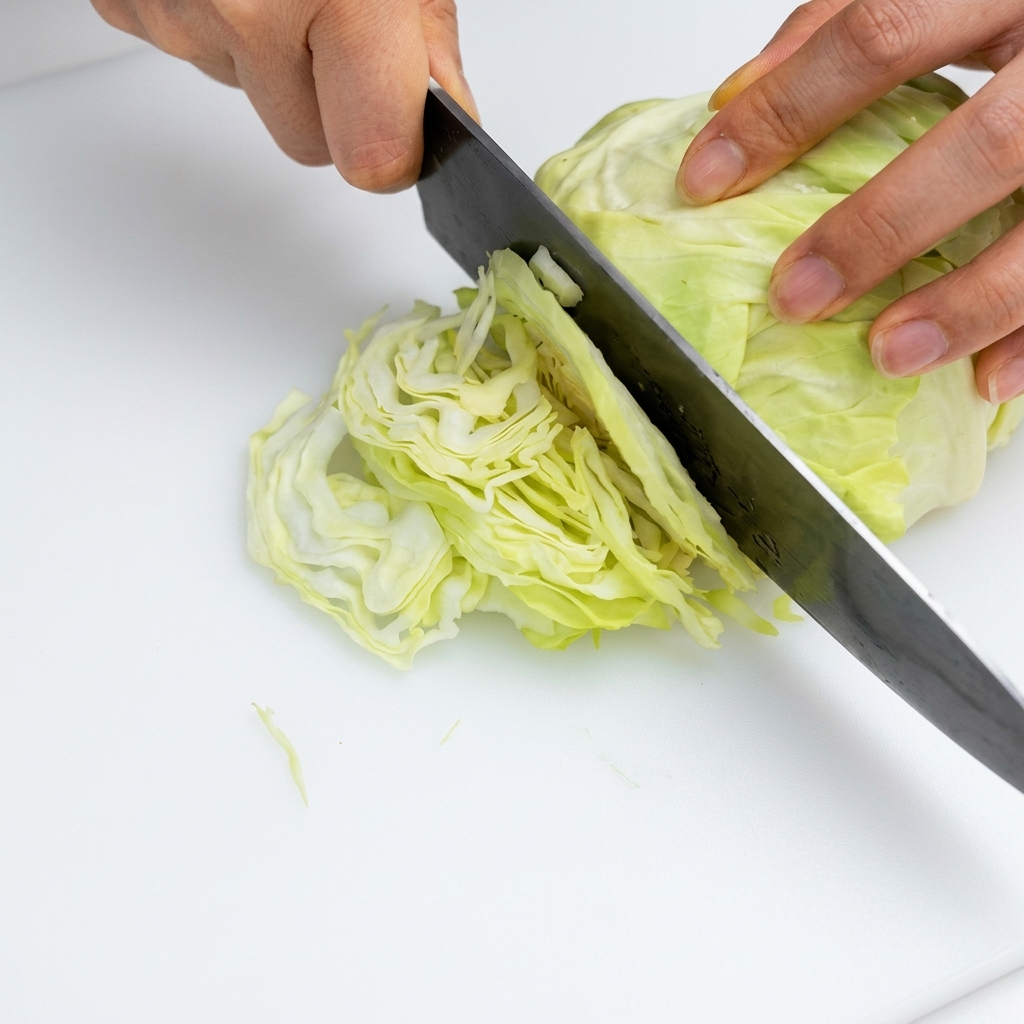 Un coltello da cucina che affetta un cespo di cavolo fresco in strisce sottili e fini su un tagliere bianco.