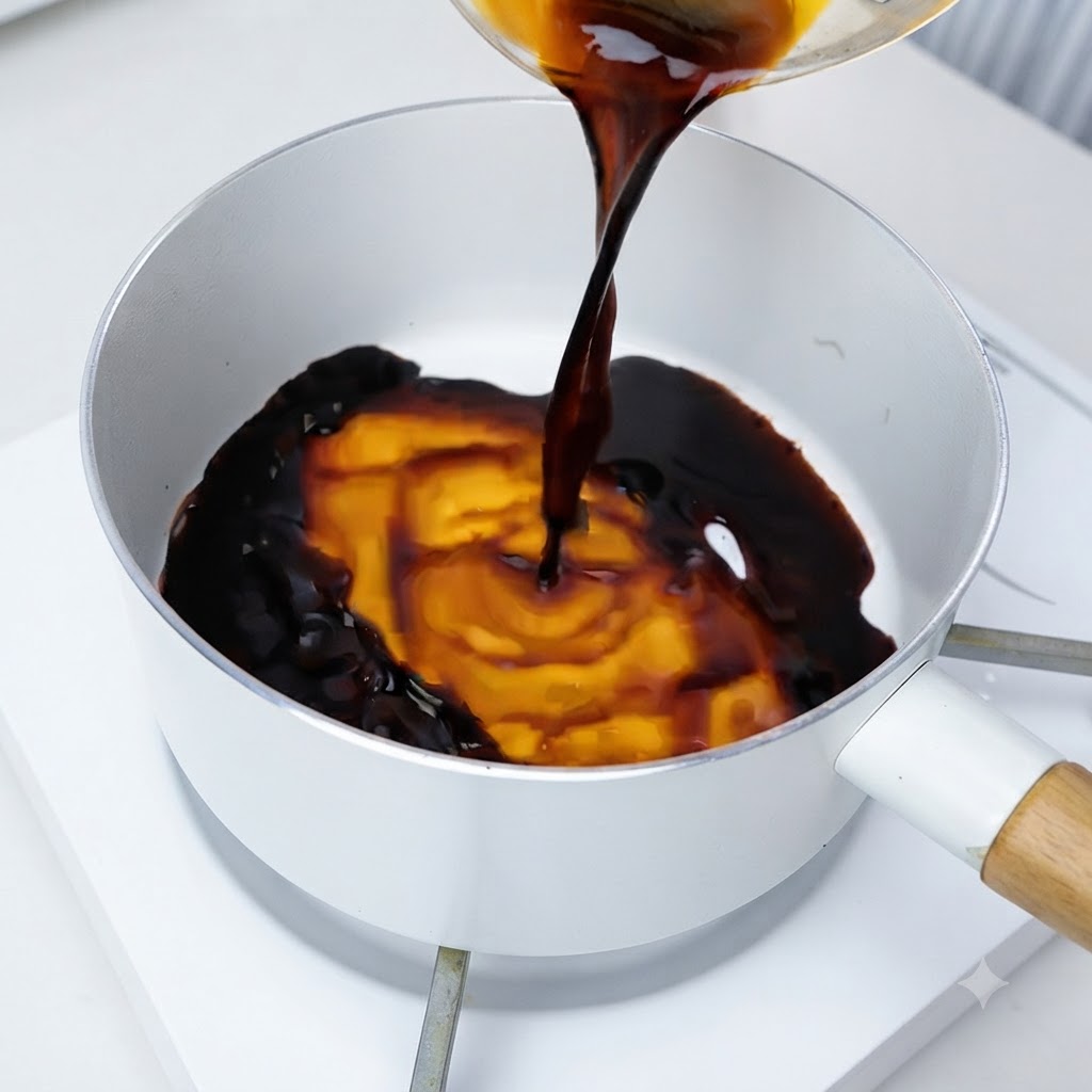 Una salsa saporita scura che viene versata e mescolata in una padella di colore chiaro su un fornello.