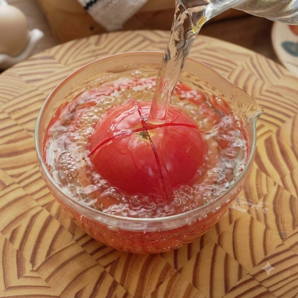 Un pomodoro rosso immerso in una ciotola di vetro con acqua calda mentre viene versata altra acqua.