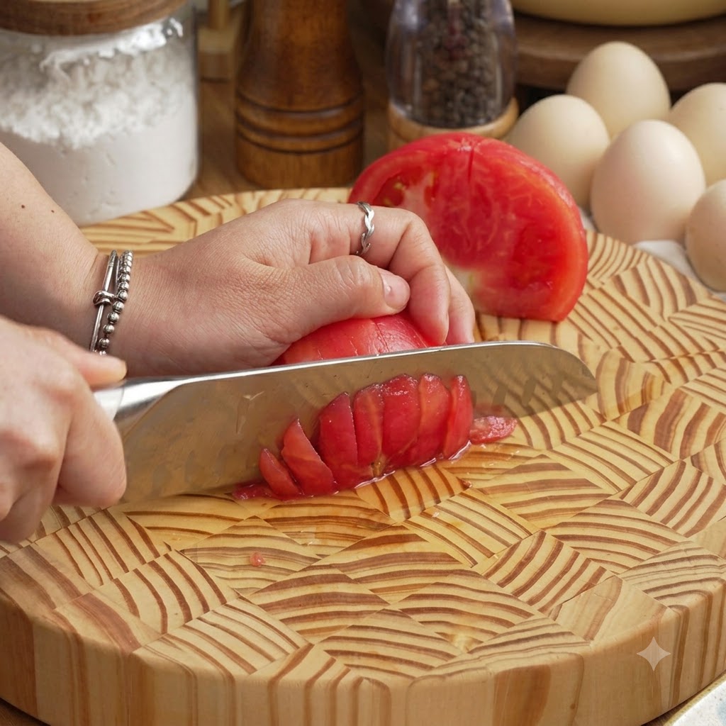La mano di uno chef che taglia a dadini mezzo pomodoro su un tagliere di legno decorato.