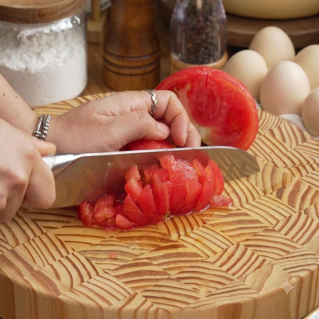 Una persona che taglia una carota a piccoli cubetti su un tagliere di legno accanto a uova e farina.
