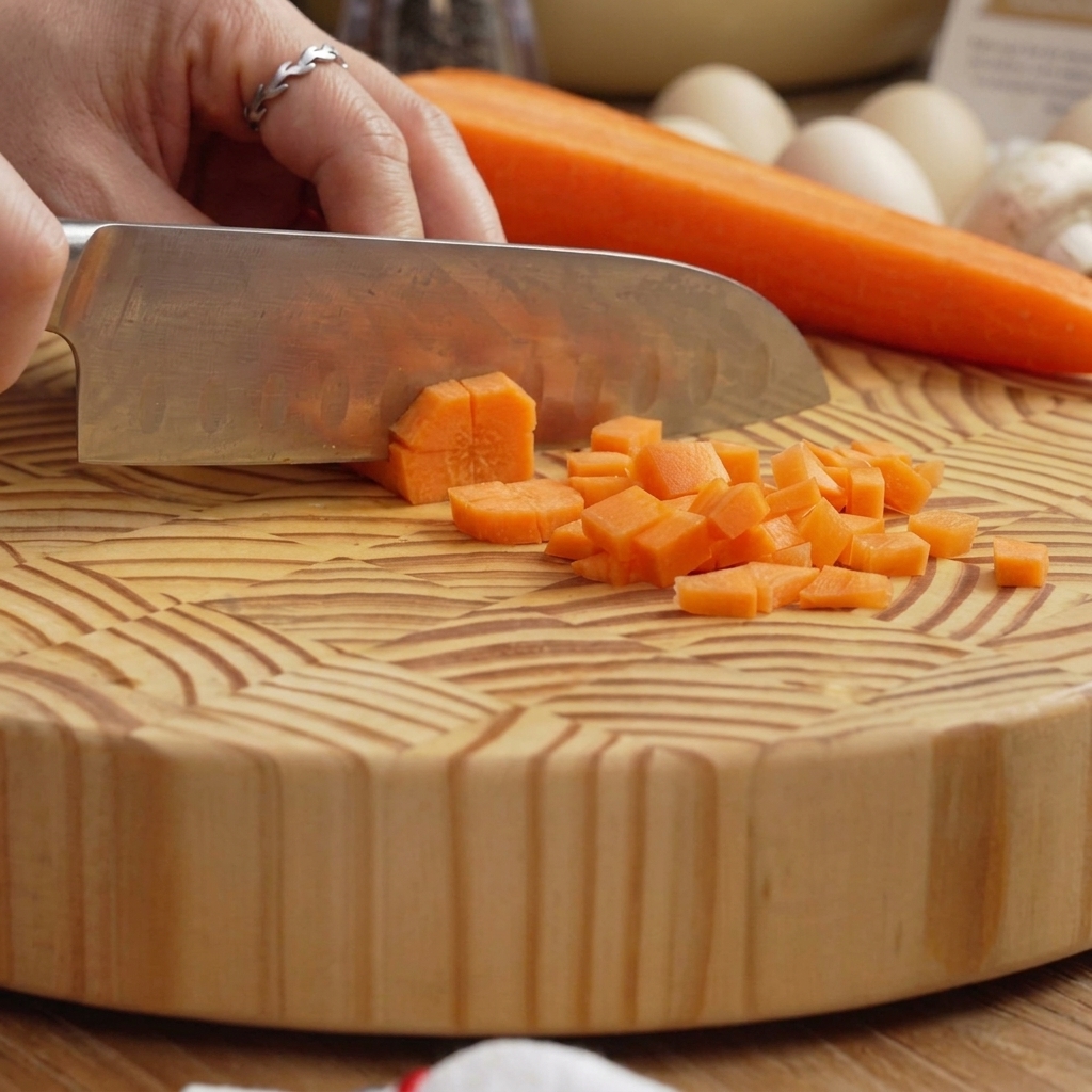 Un coltello che affetta una cipolla rossa su un tagliere di legno con una carota intera nelle vicinanze.