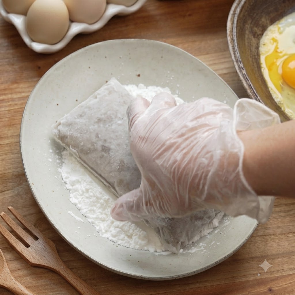 Una mano con un guanto che preme un blocco di pasta di gamberi surgelata nella farina su un piatto chiaro.