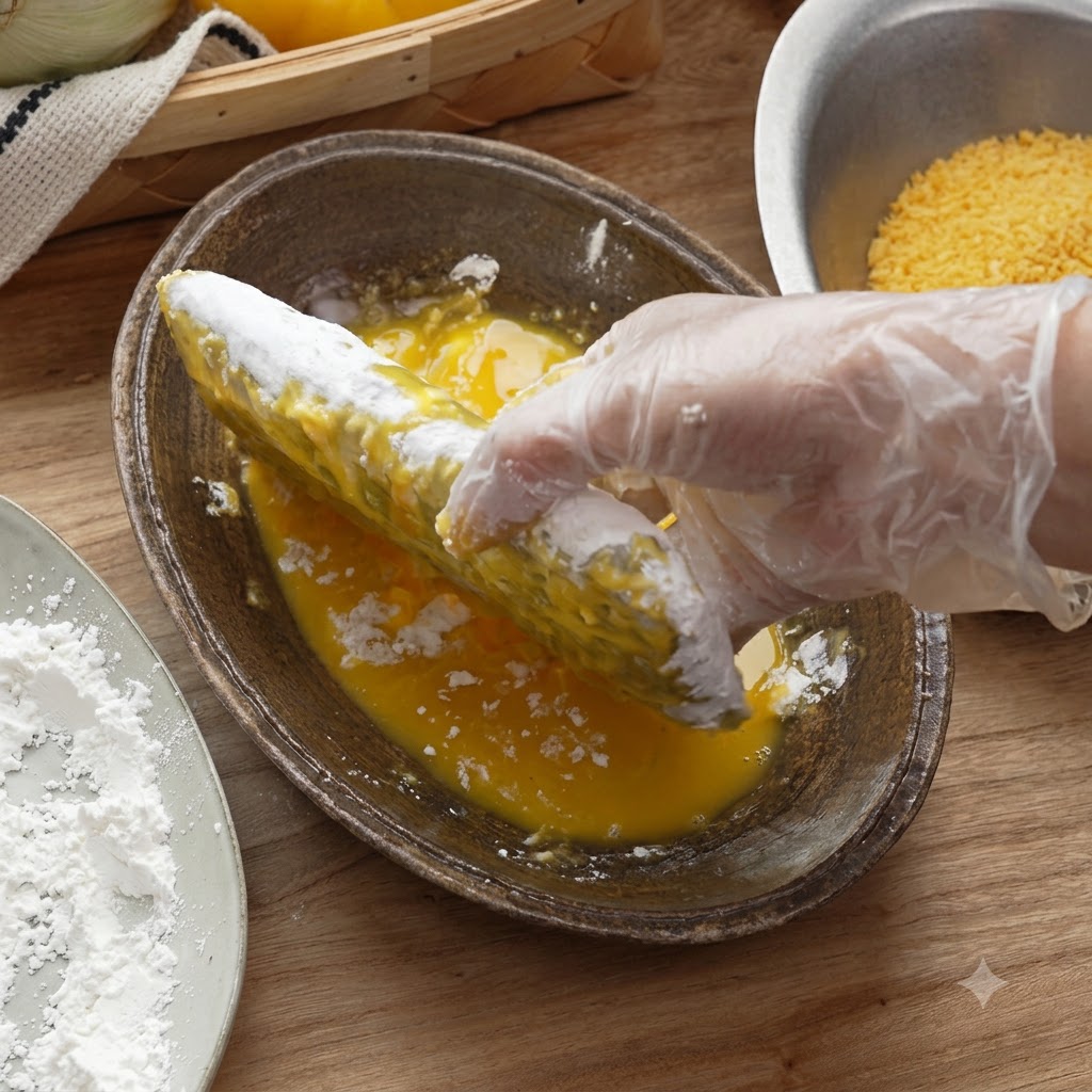 Una mano con un guanto che immerge la cotoletta infarinata in una ciotola con luovo sbattuto giallo.