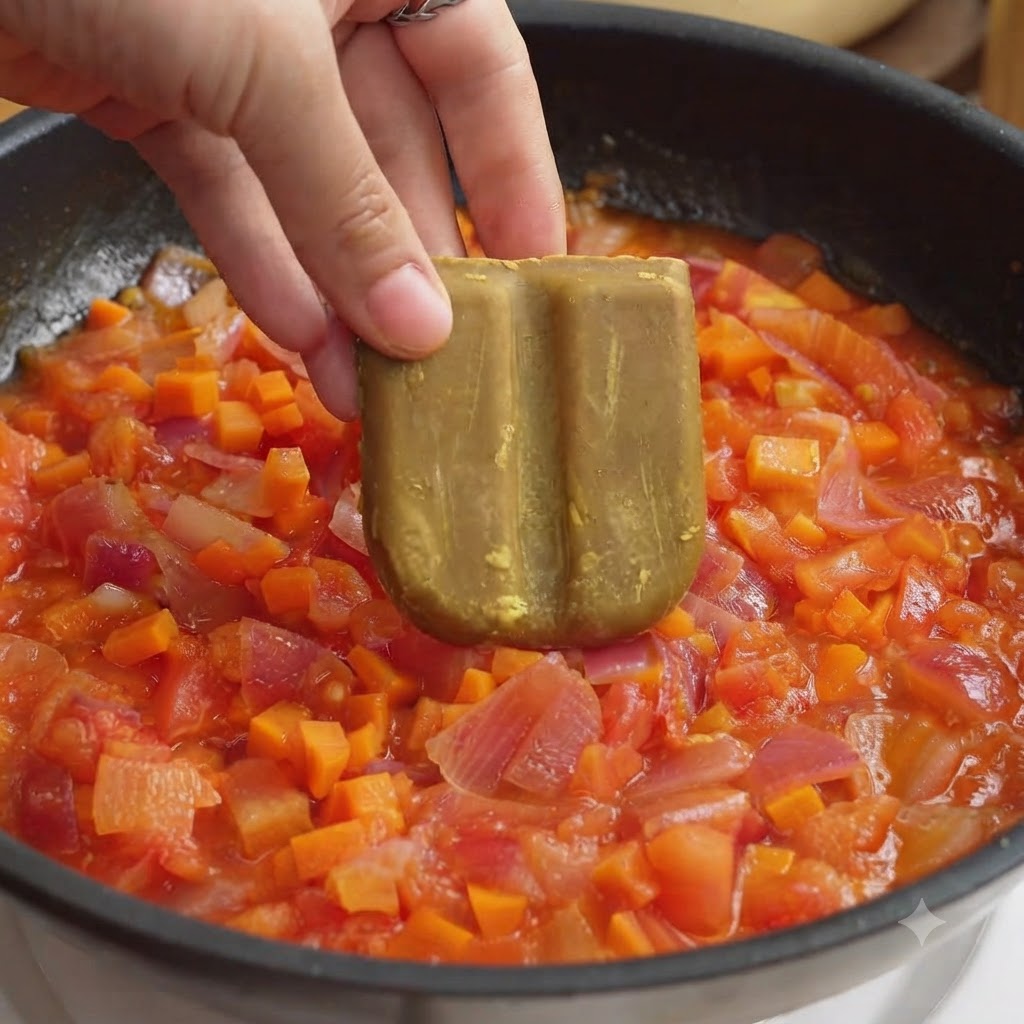 Una mano che tiene un dado di curry sopra una padella piena di un misto di pomodori, cipolle e carote tritate.