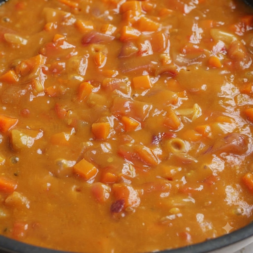 Un primo piano di una salsa al curry densa e cremosa che sobbolle con carote e pomodori tritati finemente in una padella.