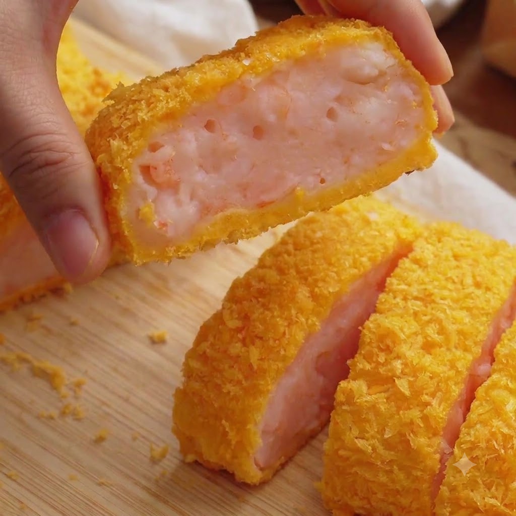 Una mano che tiene una fetta di cotoletta di gamberi dorata e croccante appena tagliata, mostrando la consistenza rosa del gambero allinterno.