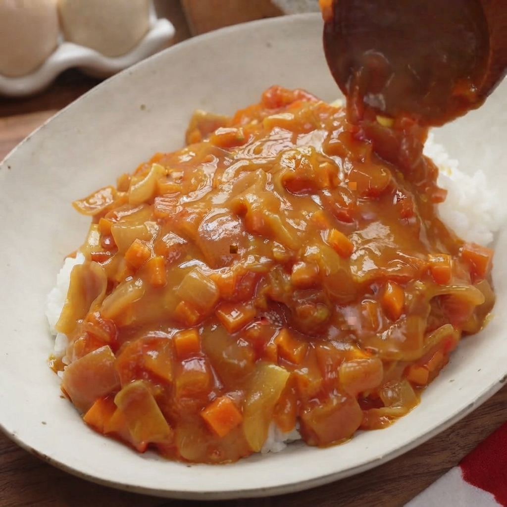Un cucchiaio di legno che versa una densa salsa al curry con pomodori e carote a pezzi direttamente su un letto di riso bianco.