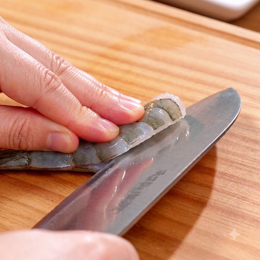 Una mano che tiene un coltello per tagliare a farfalla il dorso di un gambero crudo su un tagliere di legno.