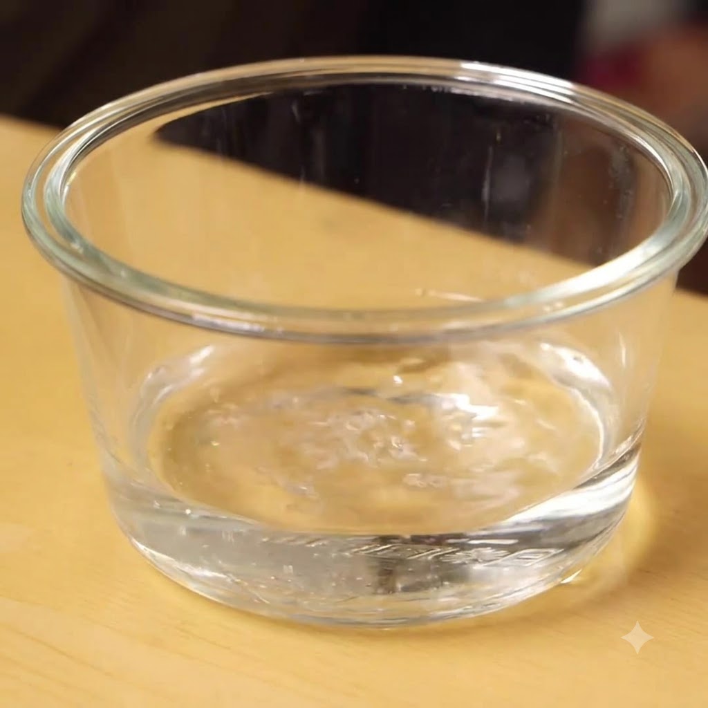 Una ciotola di vetro contenente acqua tiepida e pasta miso rossa e bianca sciolta.