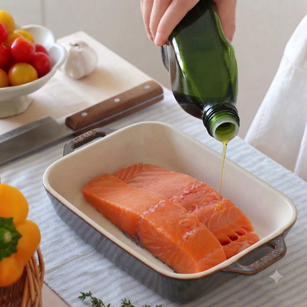 Olio doliva versato da una bottiglia di vetro verde su due filetti di salmone crudi allinterno di una pirofila di ceramica.