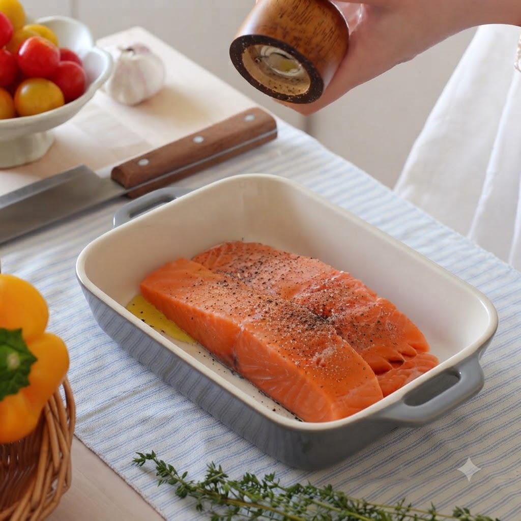 Un macinapepe di legno che condisce filetti di salmone crudi con sale e pepe nero in un piatto di ceramica.