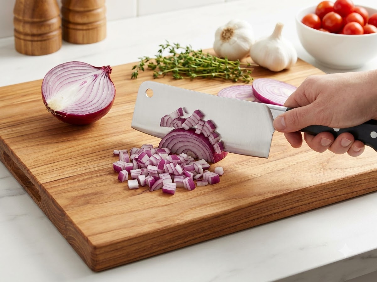 Spicchi daglio fresco affettati sottilmente sparsi su un tagliere di legno accanto a un coltello da chef.