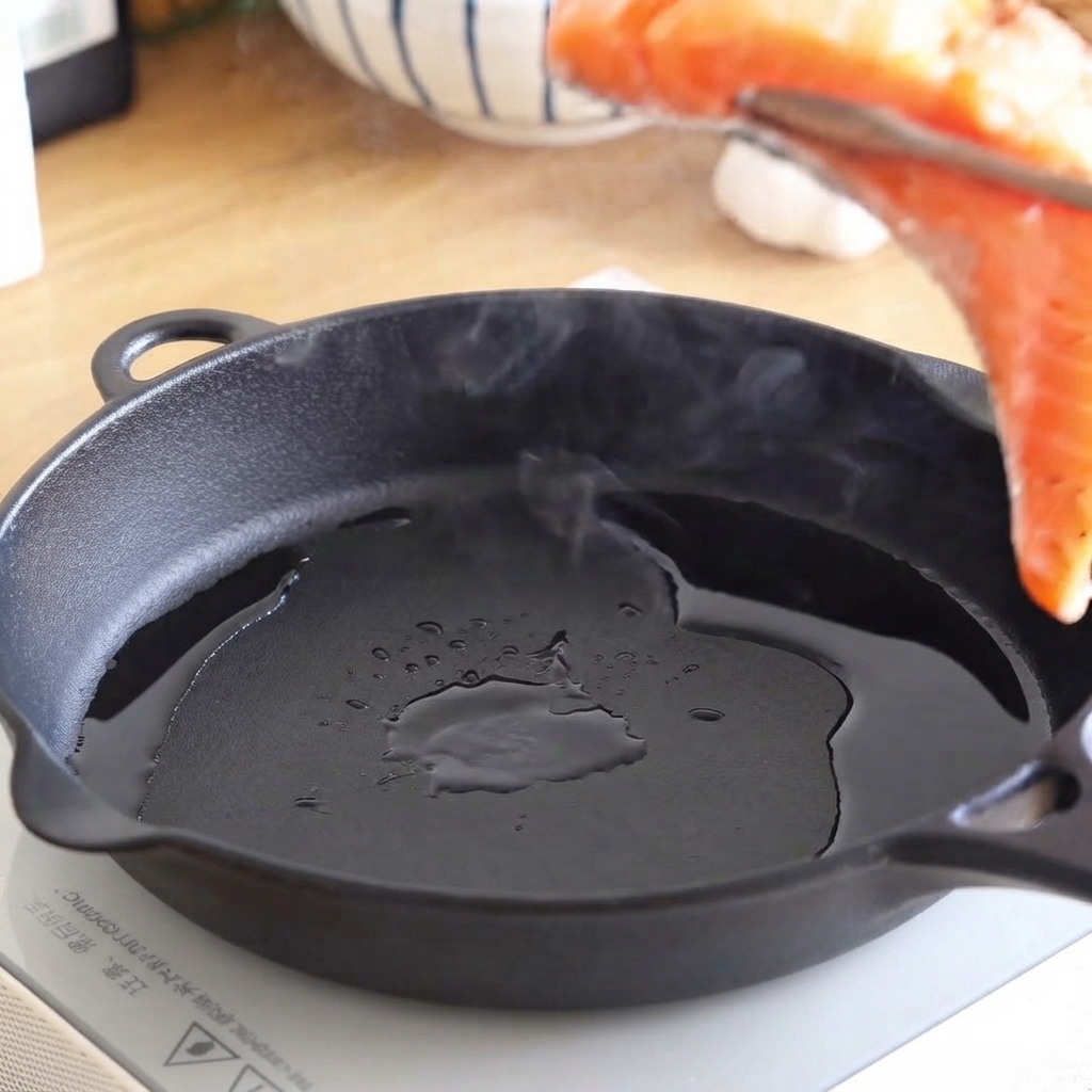 Un filetto di salmone crudo calato con le pinze in una padella di ghisa calda e unta.