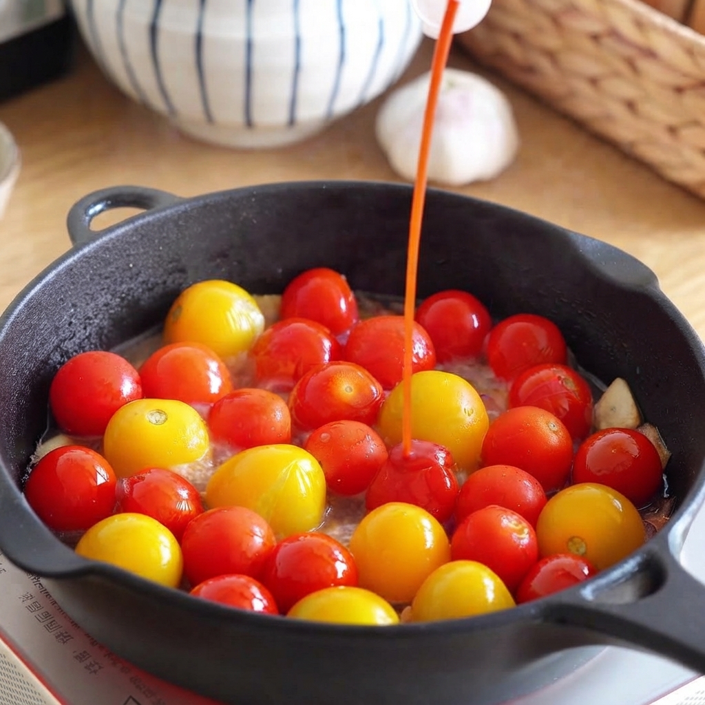Un flusso di ketchup versato in una padella piena di pomodorini, cipolle e aglio.