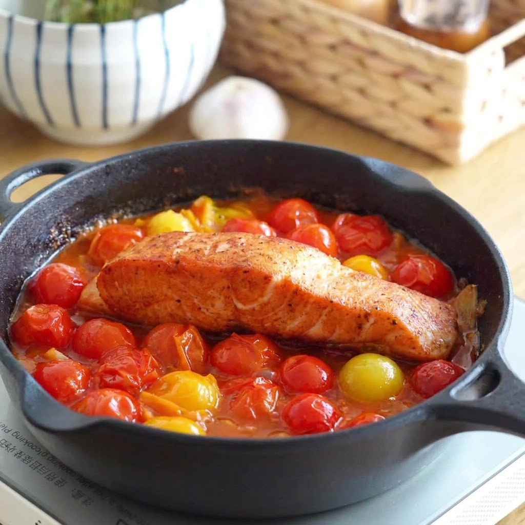 Un filetto di salmone scottato adagiato allinterno di una padella di ghisa sopra una base di salsa di pomodoro sobbollente con pomodorini.