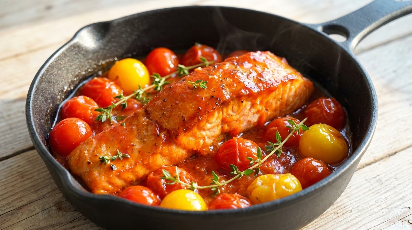 Salmone scottato in padella che sobbolle in una ricca salsa di pomodorini e aglio, guarnito con timo fresco.
