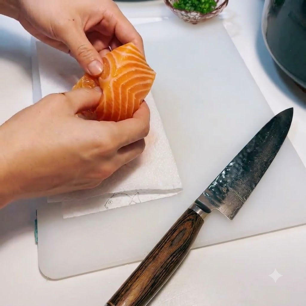 Un pezzo di salmone crudo tamponato con cura con un tovagliolo di carta su un tagliere.